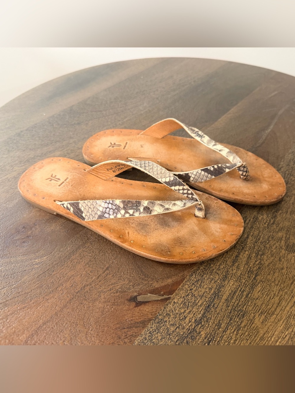 Frye Leather Flip Flop Sandals in Brown with Snakeskin Straps